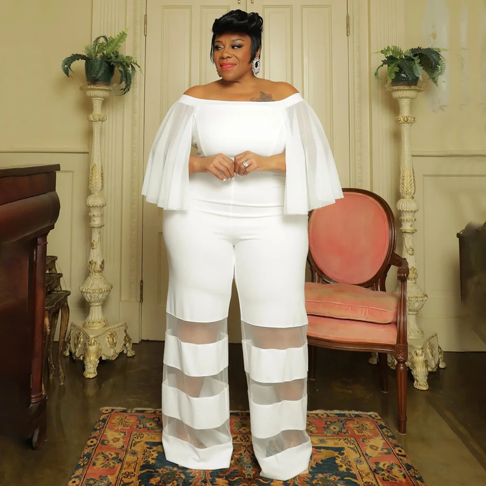 Plus Size Women Elegant Jumpsuit Mesh Patchwork One Piece Outfit Lady Designer Wide Leg Pant 2023 Summer Female Fashion Jumpsuit