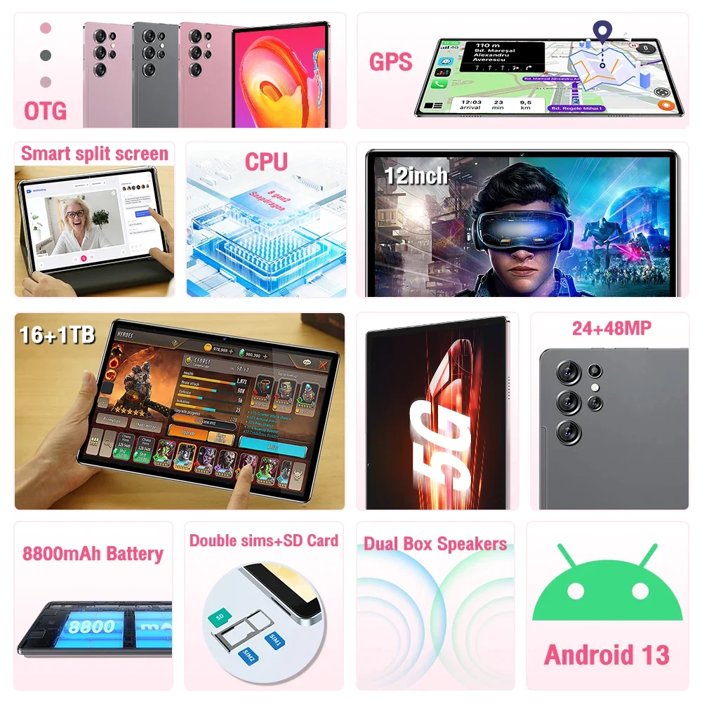 2024 오리지널 태블릿 미 패드 탭 울트라 스냅드래곤 8 세대, 12 인치 8800mAh 배터리, 16GB + 1TB 태블릿 PC, 안드로이드 13 잠금 해제