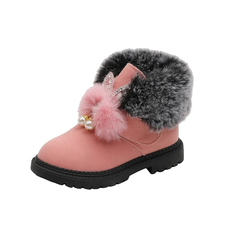 Fashion Kids Warm Ankle Boots Princess Winter Luxury Rhinestone Girls Thermal Boots Furry Hairy Soft Children Plush Cotton Boots
