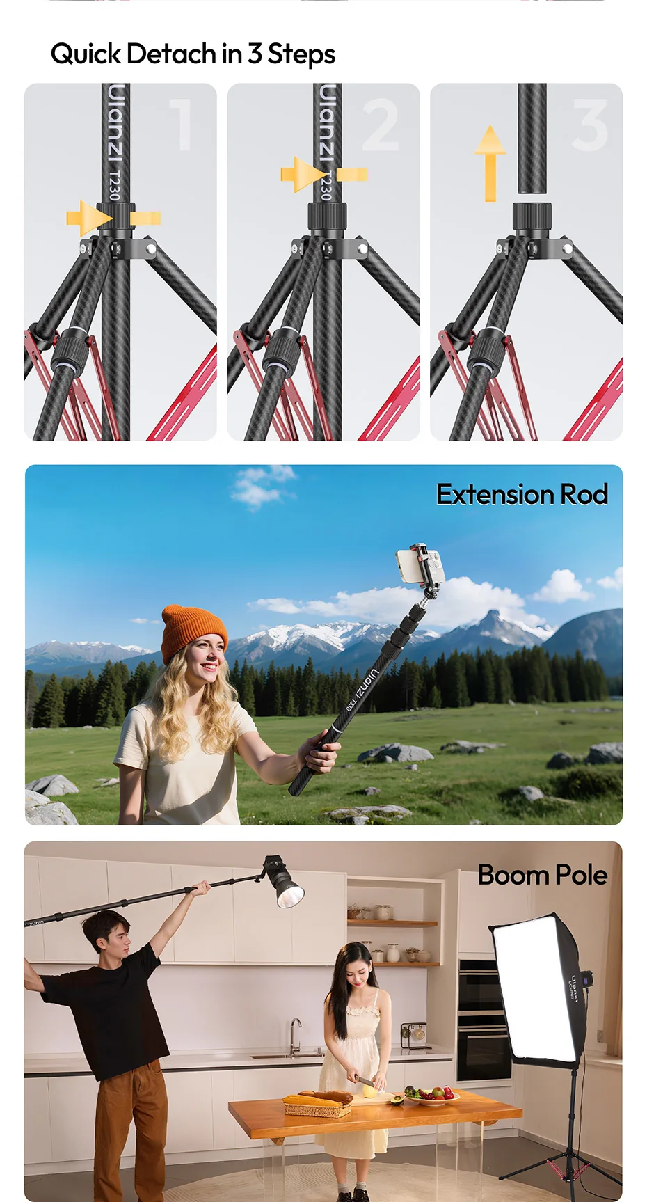  T230 Reversible Leg Light Stand Tripod 58-230CM Tripod for COB Light Softbox C