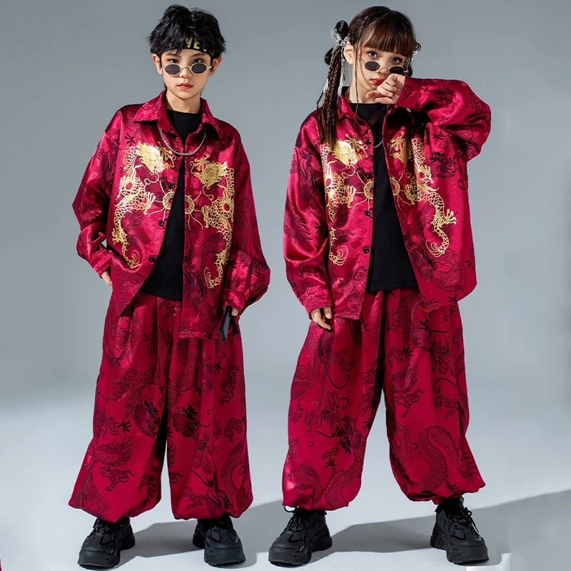 

Chinese Style Red Loose Hanfu Outfits For Girls Hip Hop Dance Costumes For Boys Streetwear Jazz Performance Stage Wear DQS15765