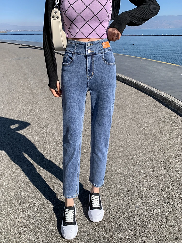 Yitimoky High Waist Full length Blue Vintage Pants Jeans Spring 2022 Button Streetwear Spliced Patchwork Ladies student jeans buckle jeans