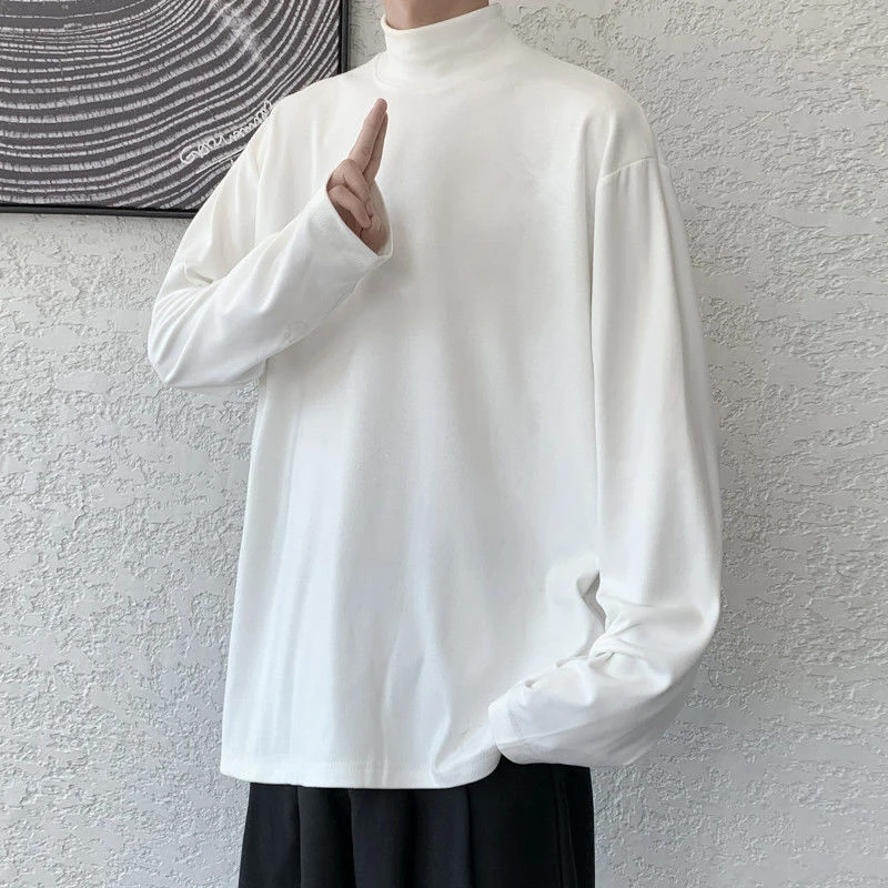 

Half Turtleneck Long Sleeve O Neck Men T Shirt Solid Color Loose Autumn Winter Inside Pullovers Keep Warm Fashion Oversized Tops