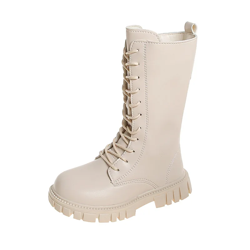 Kids'Boots 솔리드 컬러 PU 가죽 패션 봄 무릎 높이 부츠 소녀용 미끄럼 방지 통기성 블랙 화이트 신발 사이즈 27-37
