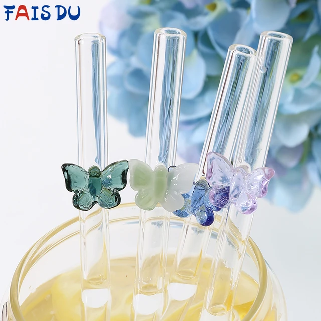 5/6Pcs Reusable Drinking Straws Clear Glass Drinking Staws with Cleaning  Brush Cute Butterfly Heat-Resistant
