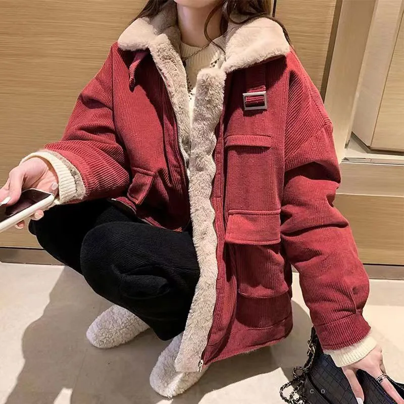 

Autumn Winter Warm Corduroy Jacket Quilted Coat Casual Loose Thicken Plush Coat Women Korean Pocket Zipper Lamb Wool Parkas