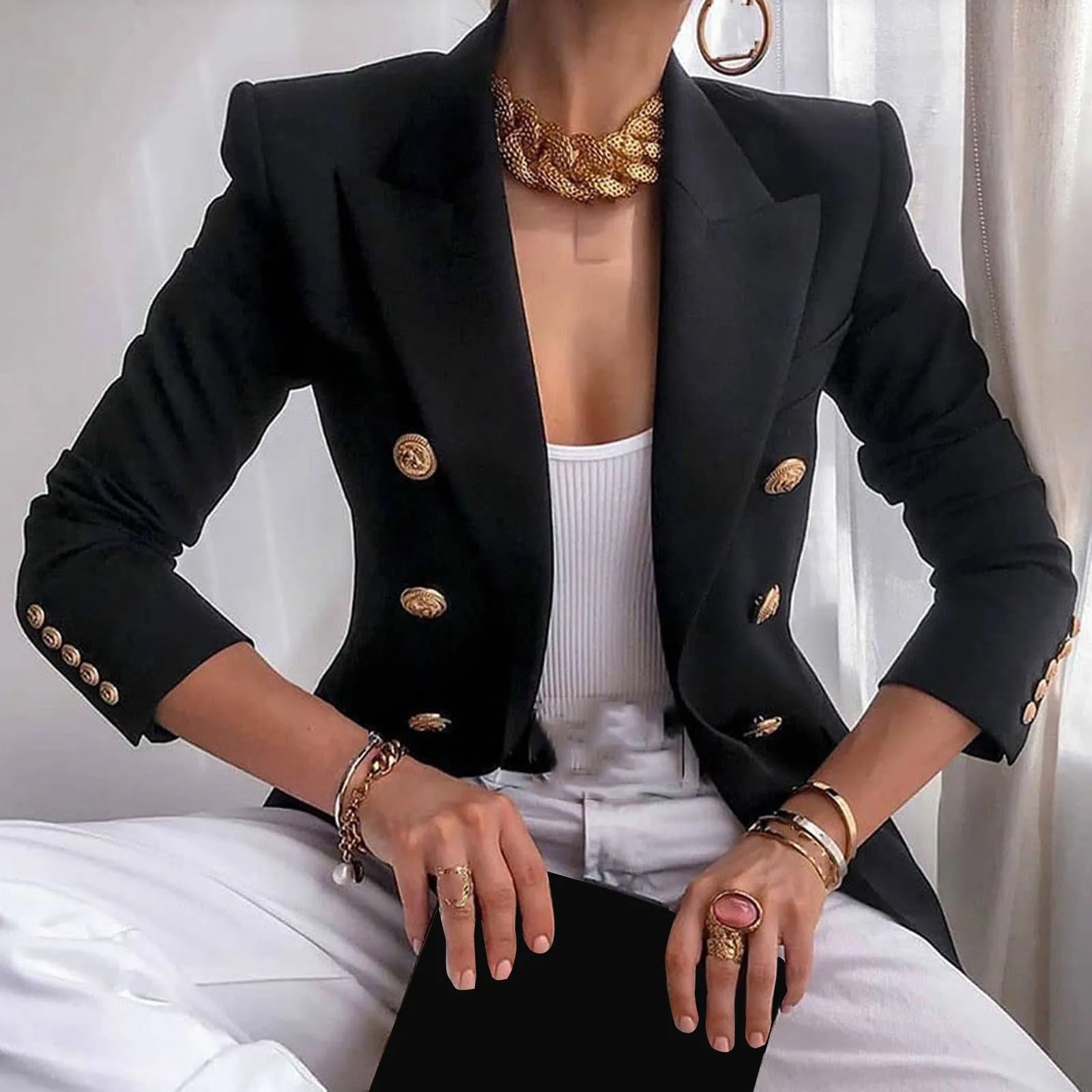 

Women Vintage Jacket Elegant Double Breasted Blazer Chic Office Lady Jacket Coat Female Business Outwear Cardigan Women'S Coat