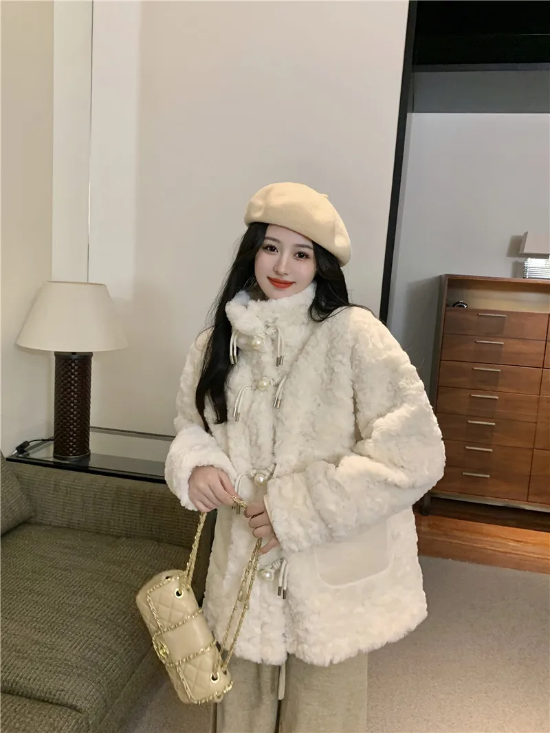 Berber Fleece Korean Fashion Girls Faux Fur Coat Single Breast Long Sleeves Stand Collar Winter Warm Women Coats