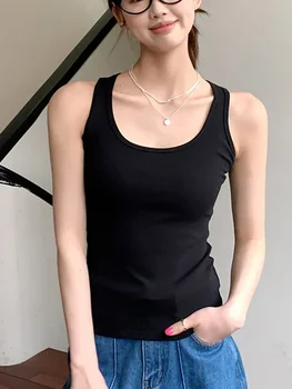 تي شيرت صيفي 2025 بدون أكمام للنساء ملابس Y2K تي شيرتات قطنية برقبة دائرية ملابس علوية ضيقة غير رسمية أساسية تي شيرت Ropa De Mujer 4