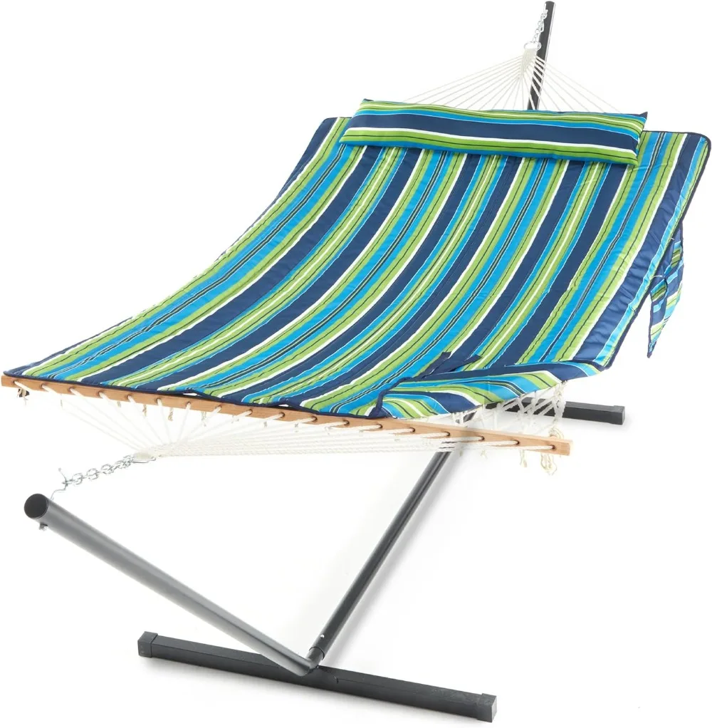 PNAEUT Double Hammock With Stand For Outside, Rope Hammocks With Hardwood Spreader Bar 2 Person, 12ft Heavy Duty Stand, Extra Pillow, Max