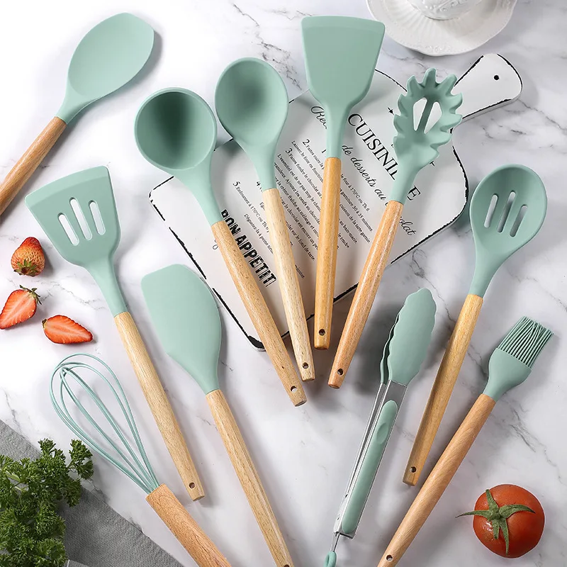 Silicone Kitchen Utensils Set Non-Stick Cookware for Kitchen Wooden Handle Spatula Egg Beaters Kitchenware Accessories 12PCS kitchen utensils