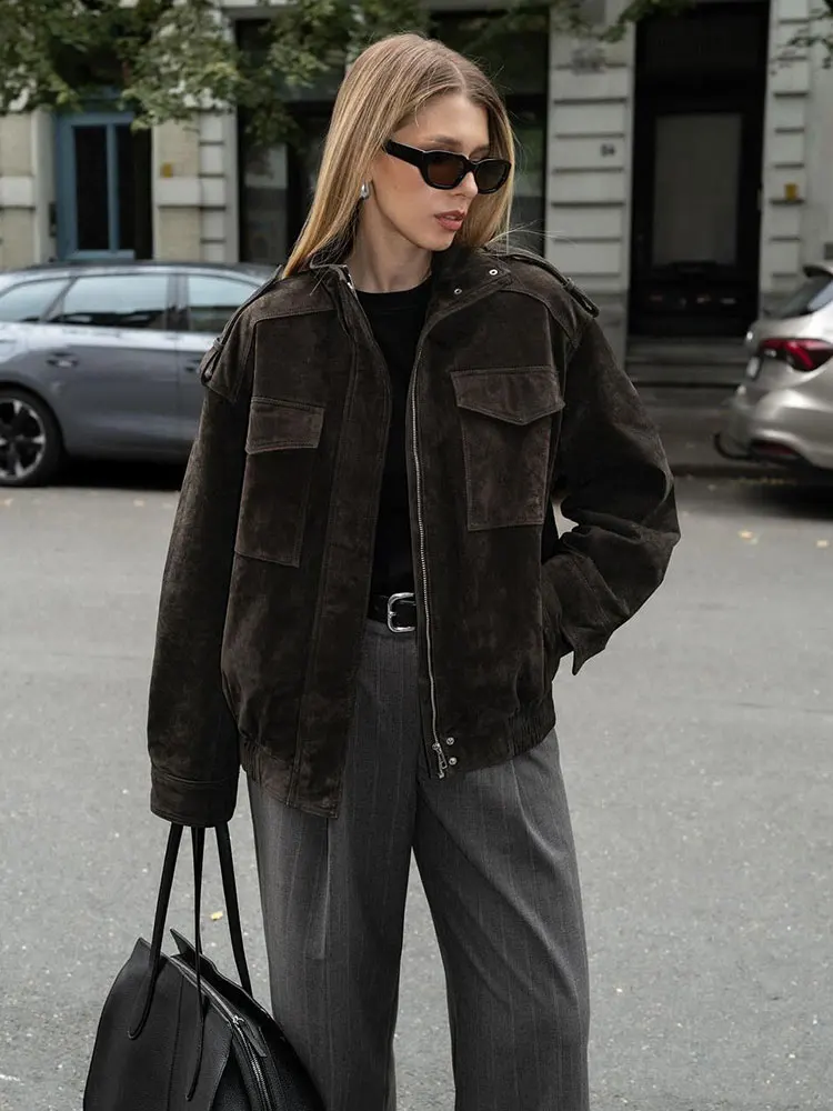 HH Women Fashion Khaki Suede Coat Turtleneck Long Sleeve Zipper Jackets With Pockets 2025 Autumn Vintage High Street Outwear Top