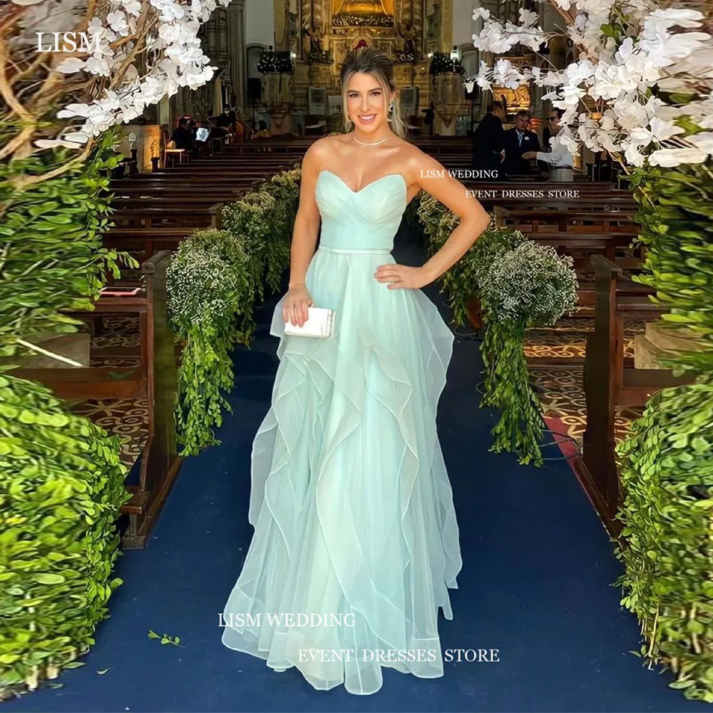 

LISM Sexy Mint Green Evening Dresses Deep Sweetheart Sleeveless A-Line Ruffles Formal Prom Party Gowns For Saudi Arabic Women