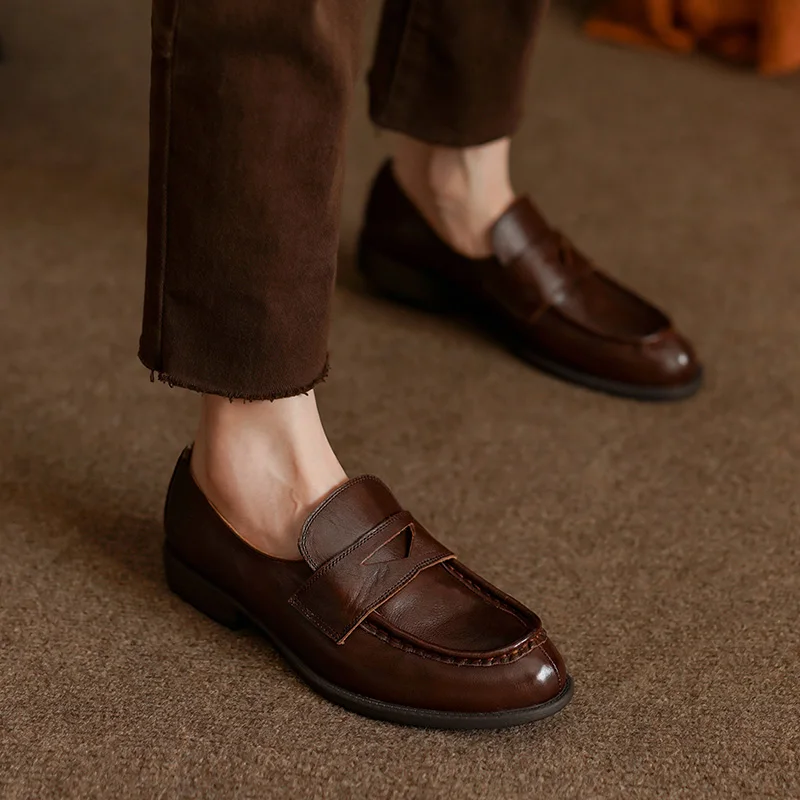 

Woman Shoes Round Toe Spring LoafersGenuine Leather Cowhide Women Flat Shoes Lazy Slip-On Vintage Loafers Lady Casual Walk Shoes