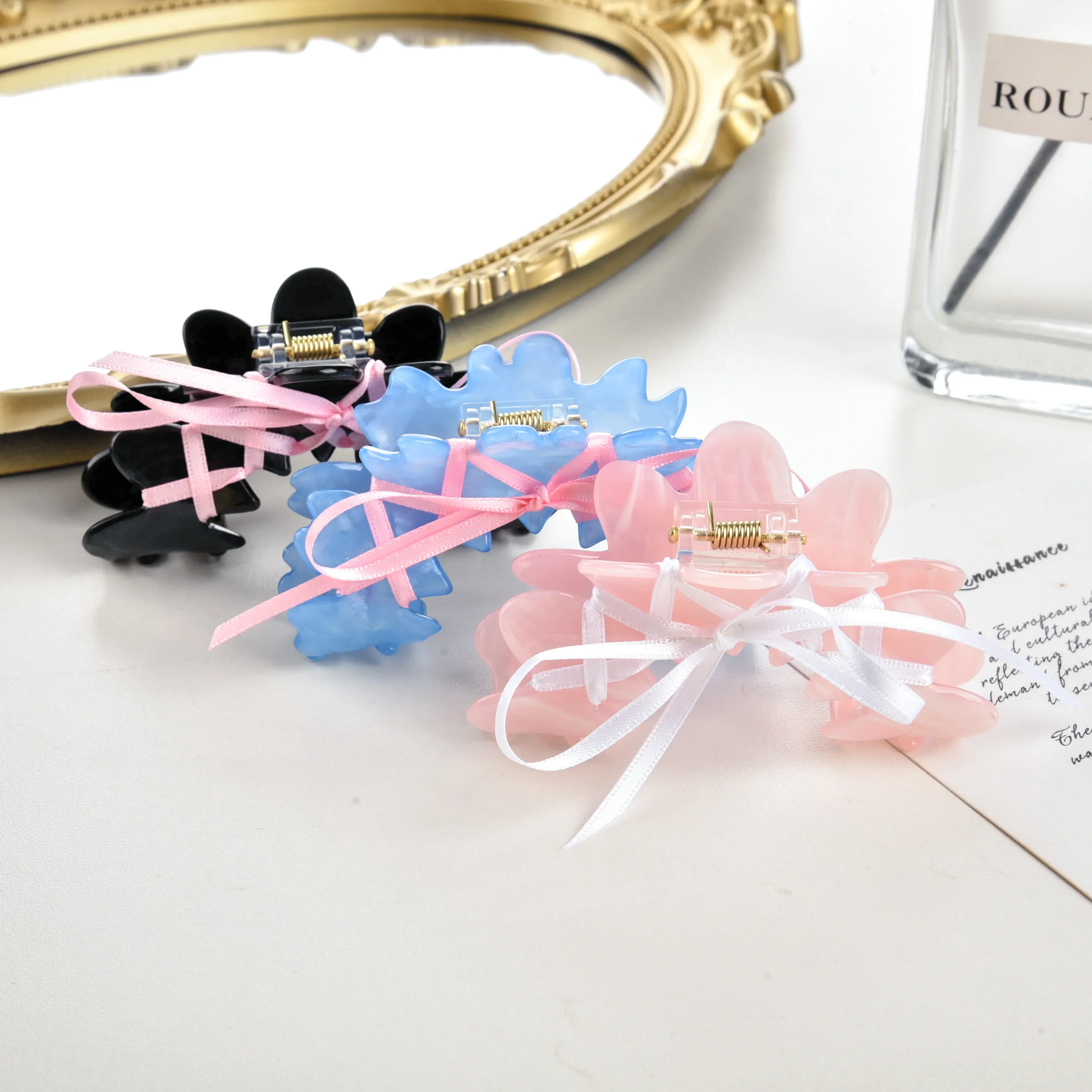 

YWYHJ Korean Ribbon Tie Bow Flowers Hair Clips Sweet Girl Wave Grab Clip Hair Accessories for Women