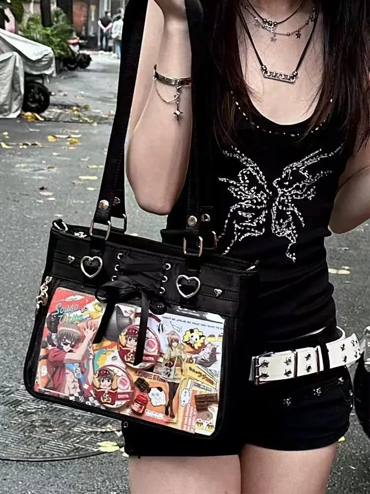 JIAERDI Transparent Ribbon Bow White Ita Bag Women Harajuku Aesthetic Large Capacity Shoulder Bags Lady Versatile Satin Handbag