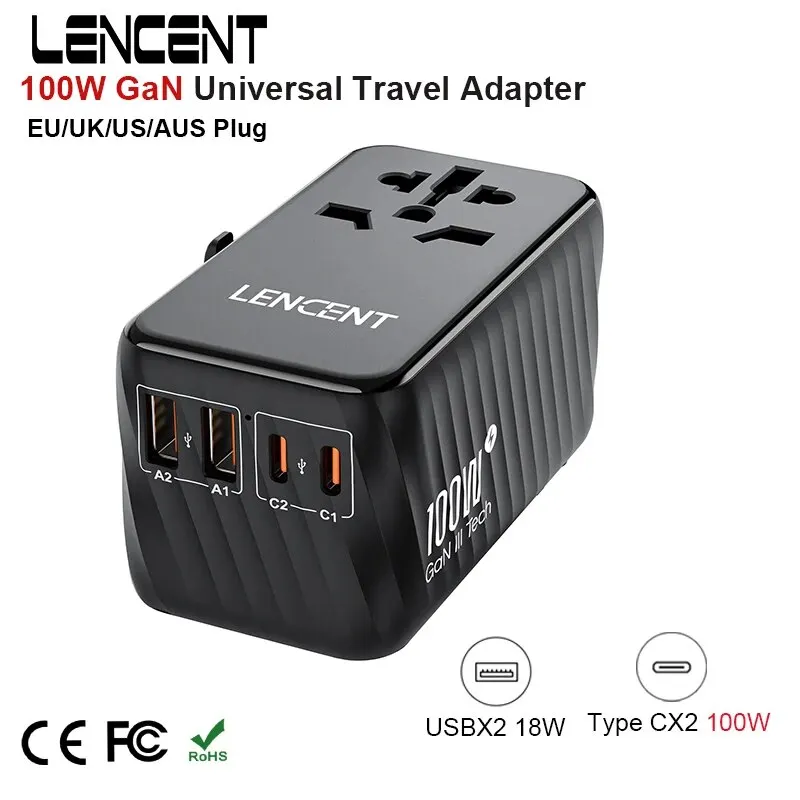 LENCENT 100W GaN Universal Travel Adapter 2Type C+2USB Ports Fast Charging Travel Adapter EU/UK/USA/AUS Plug