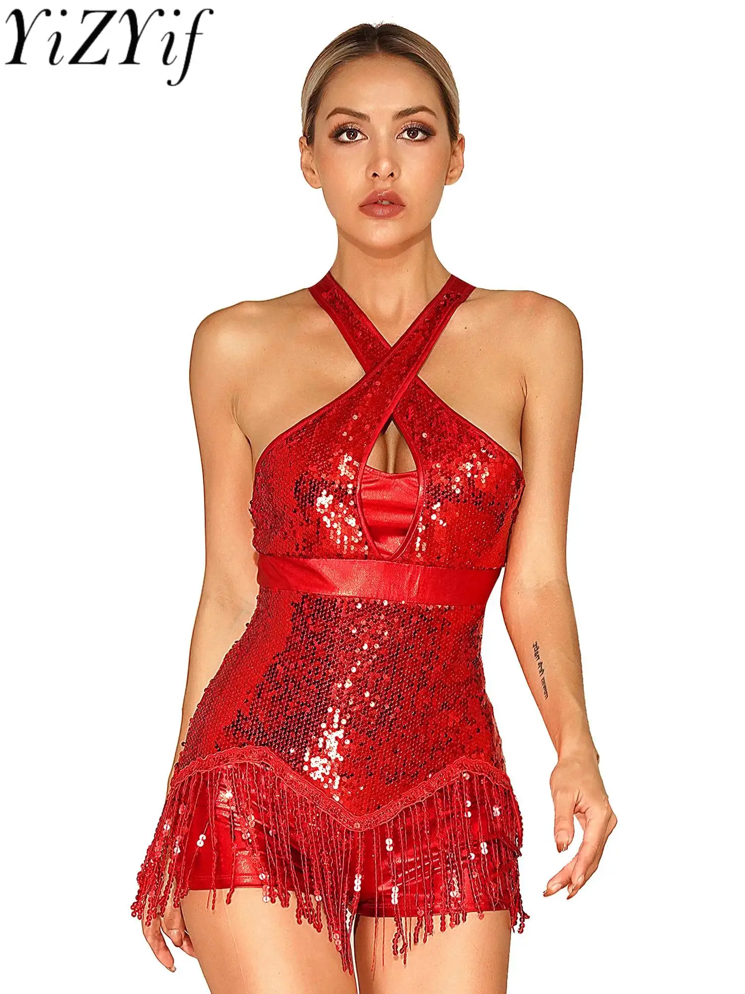 

Women Glittery Tassel Latin Rumba Dance Leotard Sequins Cha-Cha Performance Costume Cross Front Dress Fringed Bodysuit Dancewear