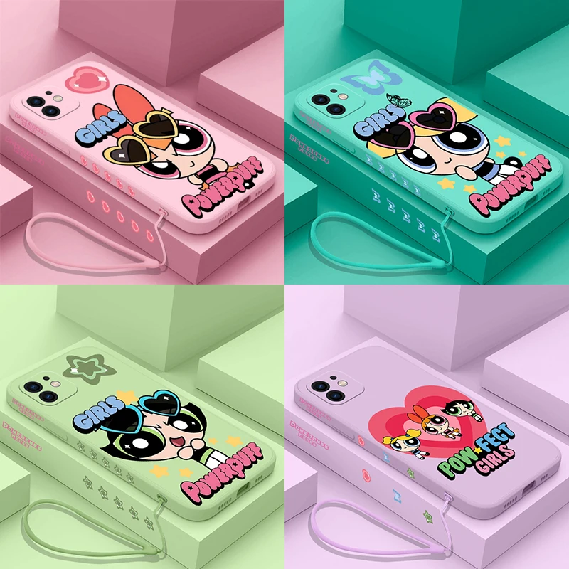 

Cute Powerpuffs Girls Phone Case For iPhone 15 14 13 12 11 Pro Mini X XR XS MAX SE20 8 7 6 Plus Silicone Cases with Hand Strap