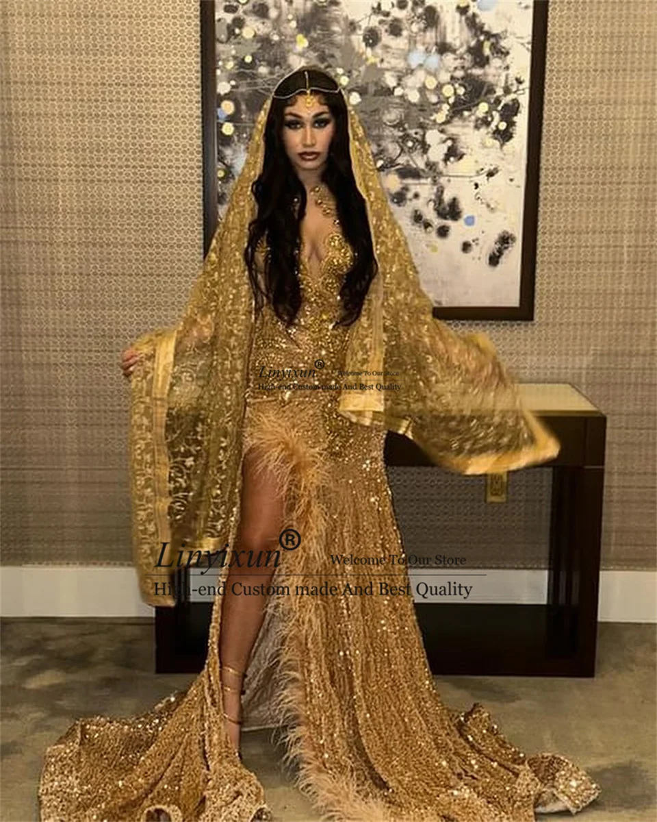 luxury Diamonds Glitter Prom Dress Bead Crystal Rhinestones Sequins Gown Feathers Wedding Birthday Party Gown