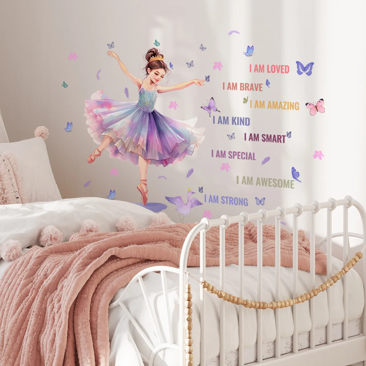 Luminous Wall Stickers Wall Stickers Vinyl Decal Stickers Ballet Dancer Girl Wall Decal Colorful Butterfly Theme Stickers for Girls Room Nursery Princess Room Decoration Self-Adhesive