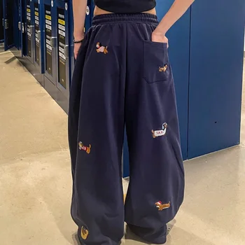 High Street Embroidered Sausage Dog Pants Women's Loose Straight Leg Comfort Sweatpants 2026 New Autumn Spring Casual Pants