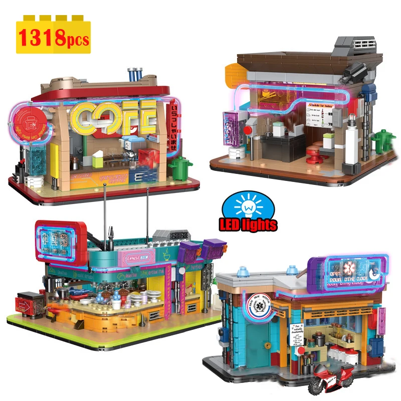 Moc Idea Costruttore Di Città Cyber Street Corner Coffee House Sushi Place Farmacia Building Blocks Mattoni Modello Giocattoli Per Bambini Set Regalo