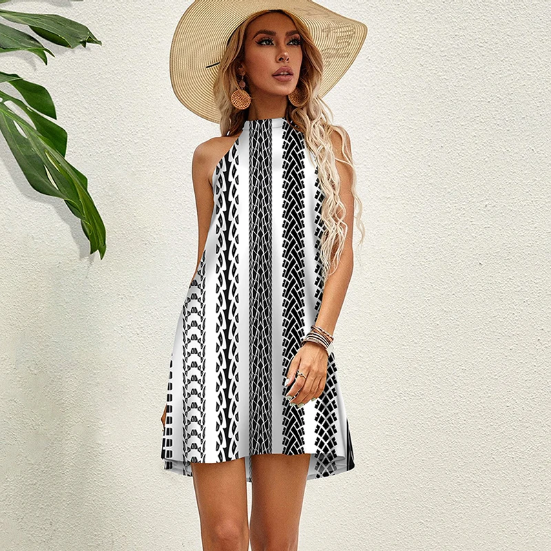 

Women Summer Dress Vertical Striped Printed Party Dress 2022 Female Clothing Streetwear Sleeveless Tie Back Halter Dress