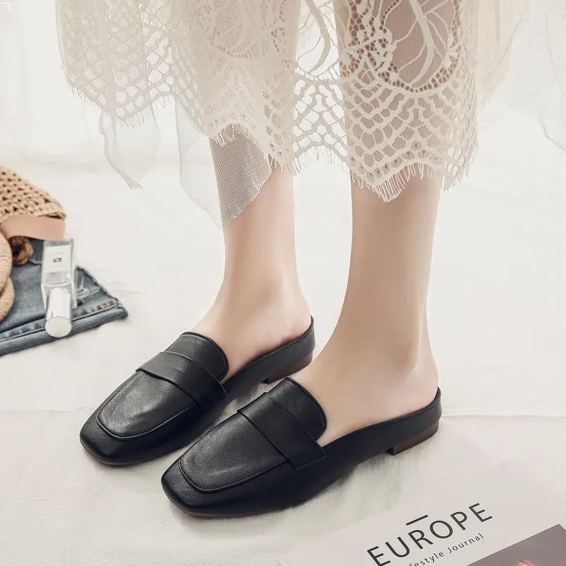 Baotou Half Slippers Women New Fashion Flat Soft Leather Slip-on Lazy Soft Sole Flat Shoes Zapatos Mujer Women Shoes