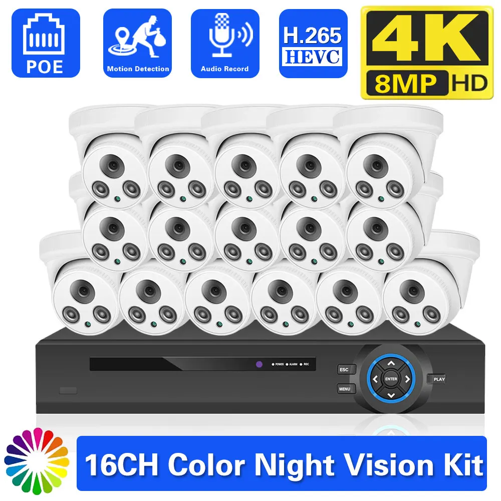 H.265 16CH 4K NVR Kit 8MP Color Night Vision Dome Security Camera System Audio POE IP Camera Video Surveillance CCTV Camera Set