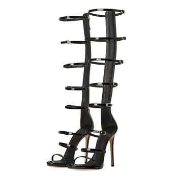Summer Women's Cool Boots New 2023 Sexy 10cm High Heel Sandals Buckle Black Gold Dress Party Woman's Knee Boots Big Size 36-43 1