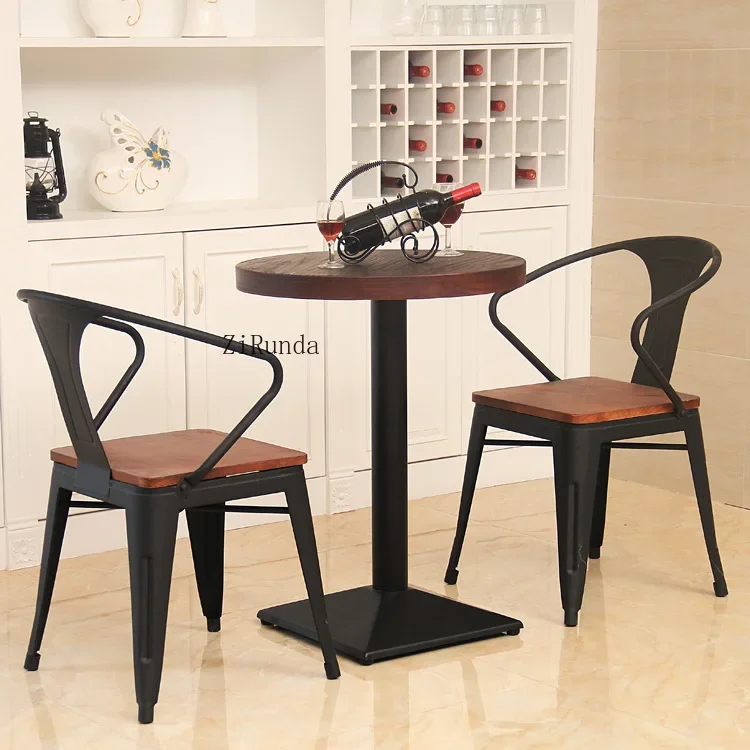*Iron Solid Wood Small Square Table, Coffee Table, Square Retro Bar, Leisure Table And Chair