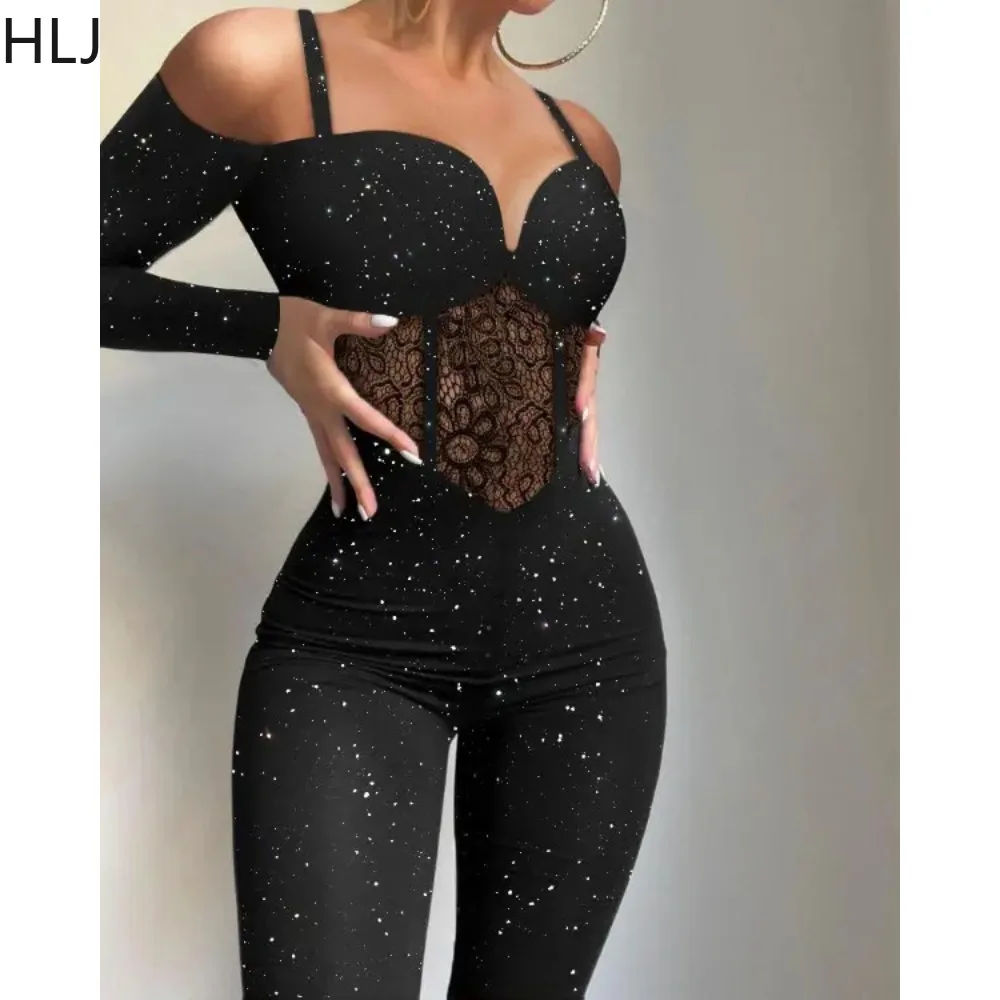 

HLJ Sexy Lace Sequin Perspective Party Nightclub Jumpsuits Women Deep V Off Shouder Long Sleeve Skinny Playsuits Lady Overalls