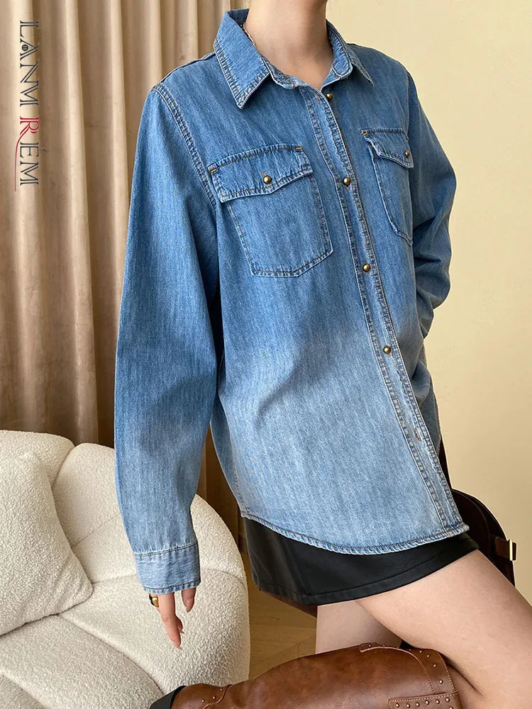 

[LANMREM] Spliced Design Denim Shirts For Women Lapel Single Breasted Long Sleeve Blouses Female Tops 2023 Spring New 26D6028