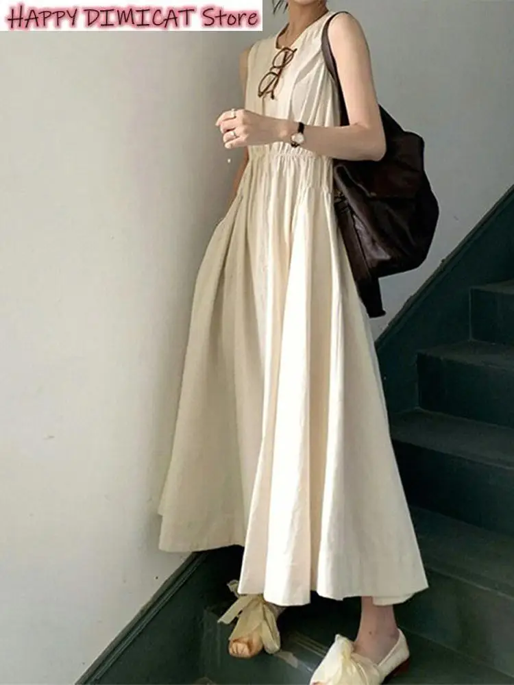 

Sleevesless Mid-Length Skirts Small Strap Tank Woman Dress Japan Preppy Style O-neck A-line Summer Solid Loose Female Elegant