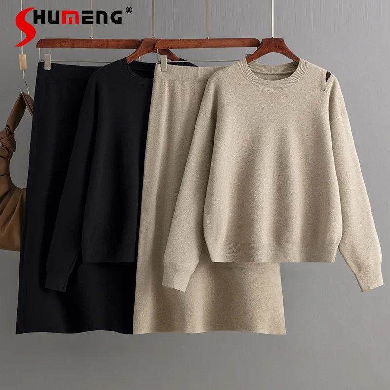 Fashion Suit 2023 Autumn Winter New Loose Sweater Skirt Suit Casual Loose Knitwear Top And Skirts Two-Piece Outfits For Ladies 2 piece orange women suit business pantsuits office formal uniform ladies work wear blazer outfit pantsuit custom made