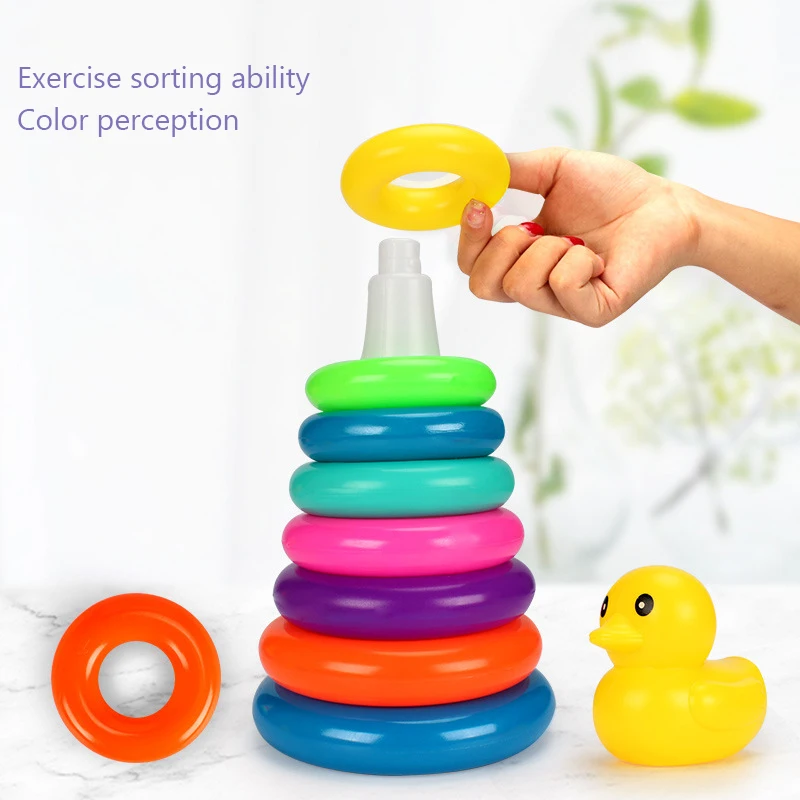 

Children's Little Yellow Duck Rainbow Tower Stacking Circle Baby Early Childhood Education Puzzle Ring Montessoris Toy Kids Baby