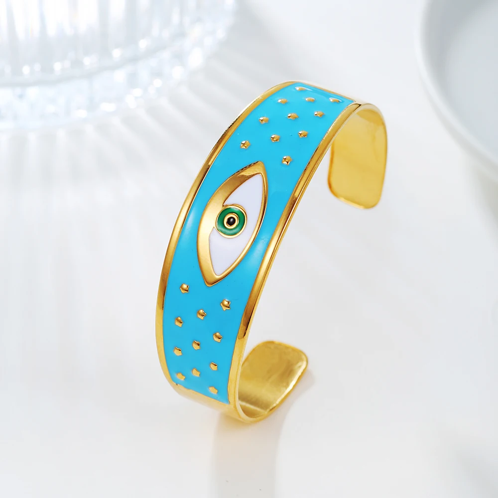 Classic 18K Gold Color Stainless Steel Colorful Enamel Lucky Turkish Evil Eye Open Cuff Charm Bangle Bracelets For Women Jewelry 4