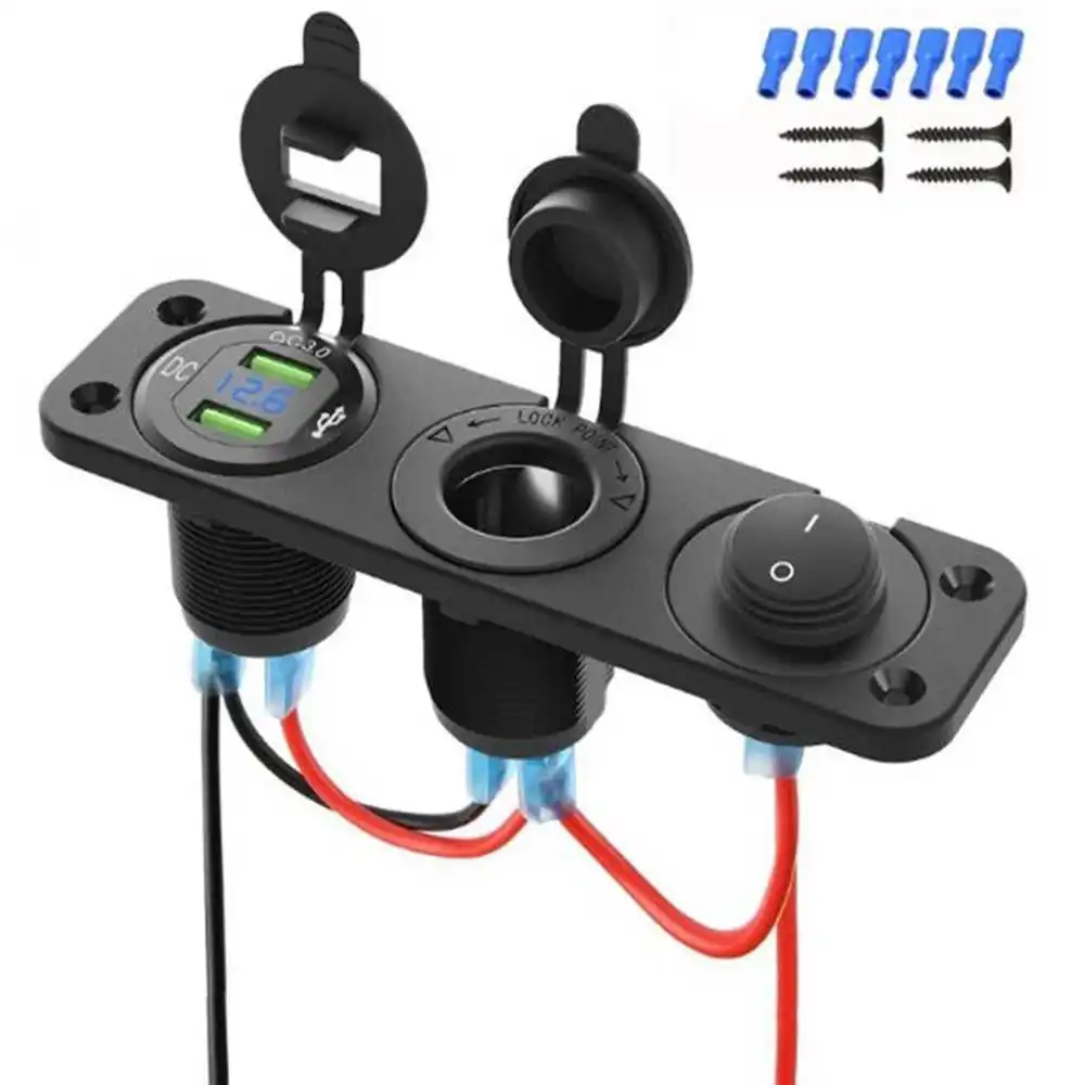 

12V Cigarette Lighter Socket 3 in 1 Car Dual QC3.0 USB Outlet Panel for RV Marine Boat Power Charger Socket Waterproof