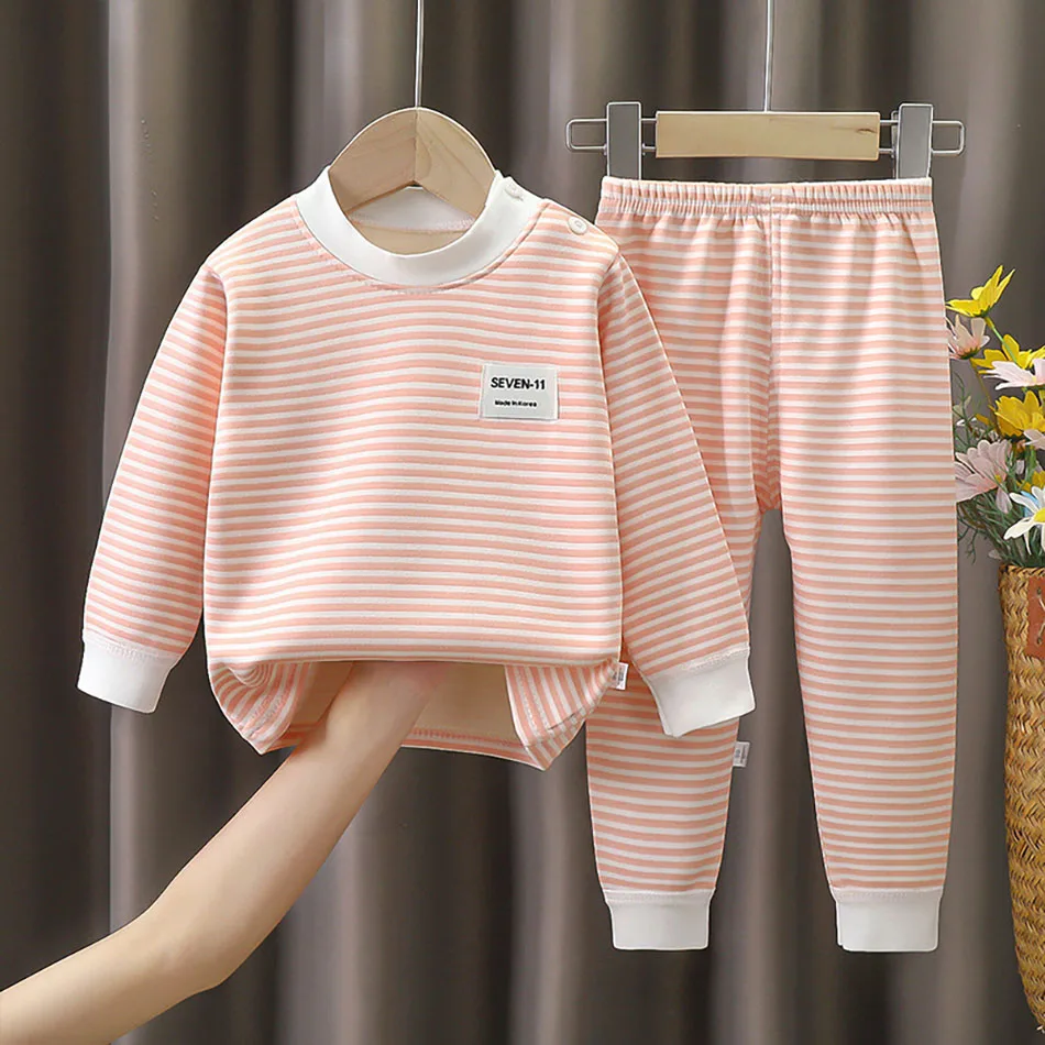 Baby Warm Clothing Set Fleece Lined Children Boys Girls Striped Underwear Sleepwear Set Ideal for Home Pajamas Autumn Winter 3