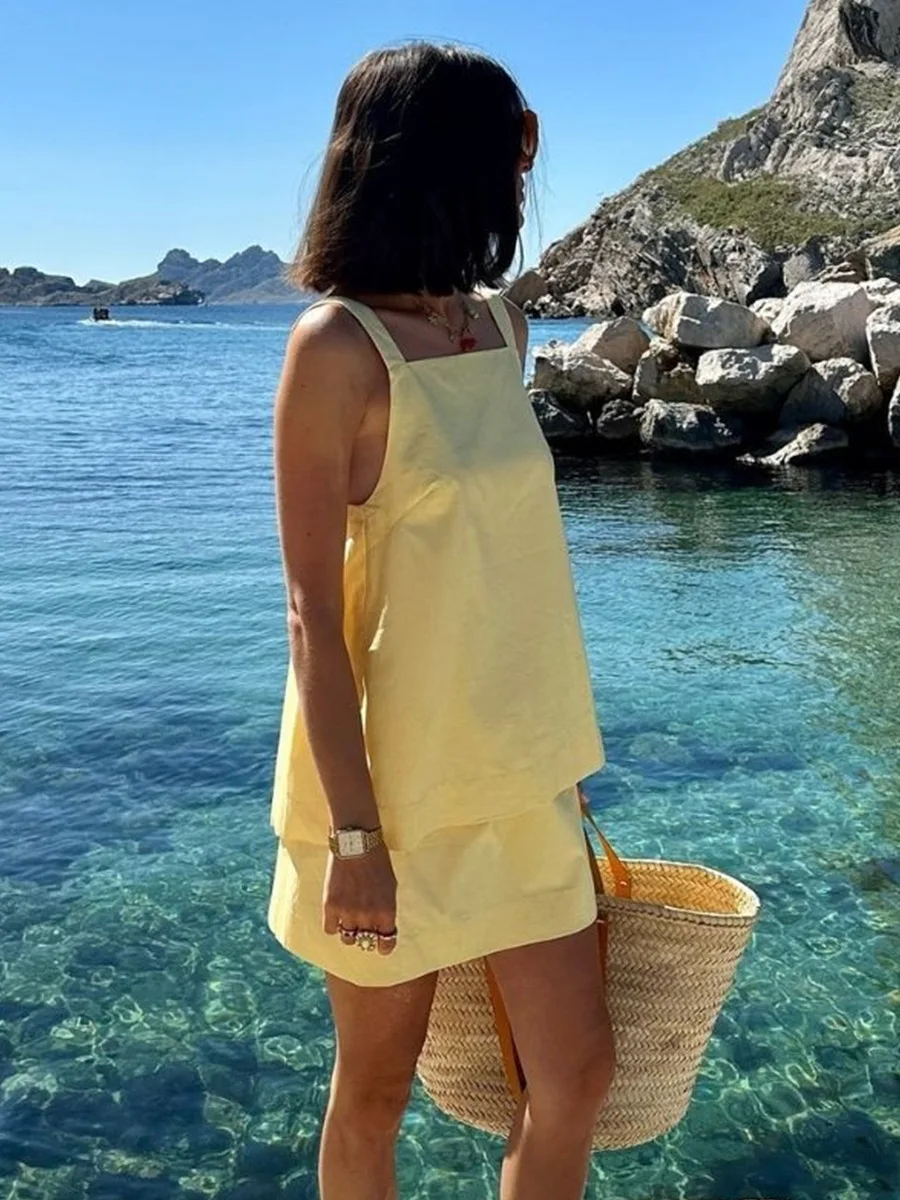 Bornladies Women's 2026 Summer New Cami Skirt Set Sexy Boat Neck Cami Lace-up Open Back Mini Skirt Two-Piece Outfit