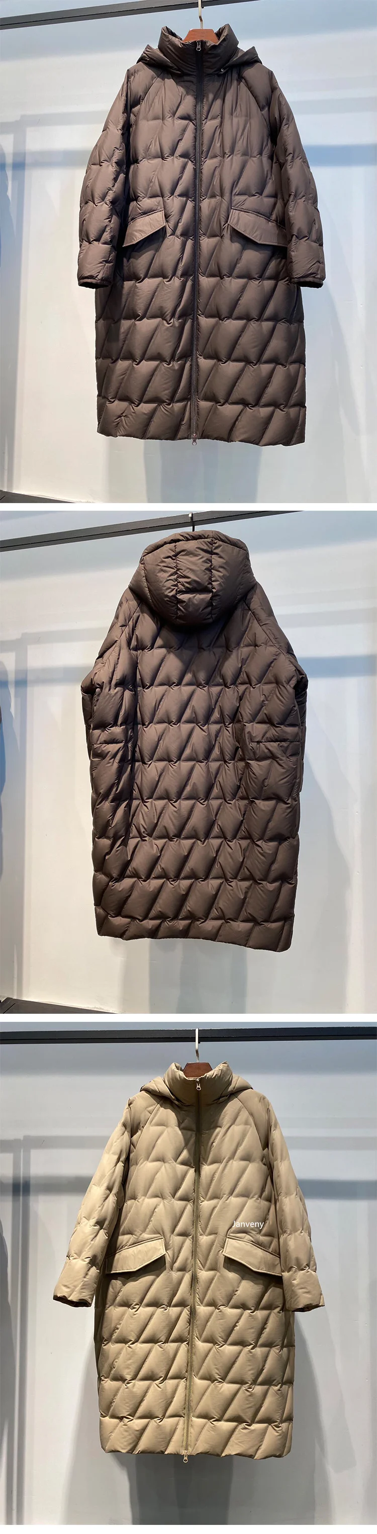 Janveny 2026 New Winter Oversized Over Knee Puffer Jacket Women Solid Long Sleeve Zipper Hooded White Duck Down Coat Warm Parkas