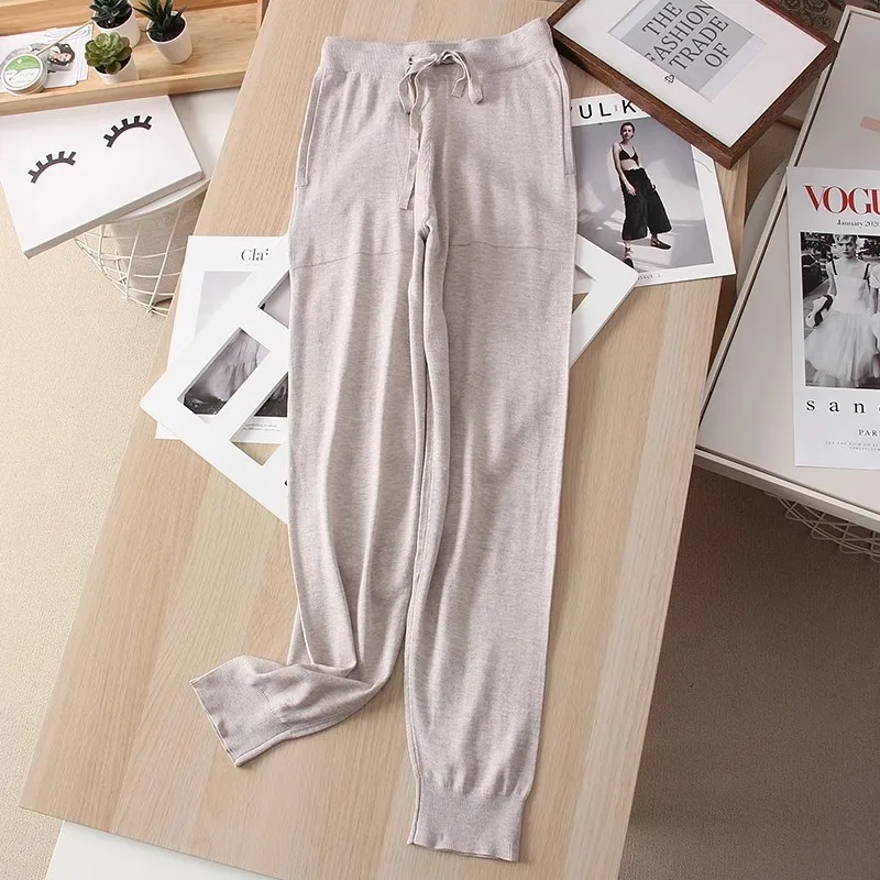 

Floral Yarn Knitted Pants Casual Loose Drape Slim Harem Blue Apricot Sweater Pants for Women Sweatpants Pantalones De Mujer