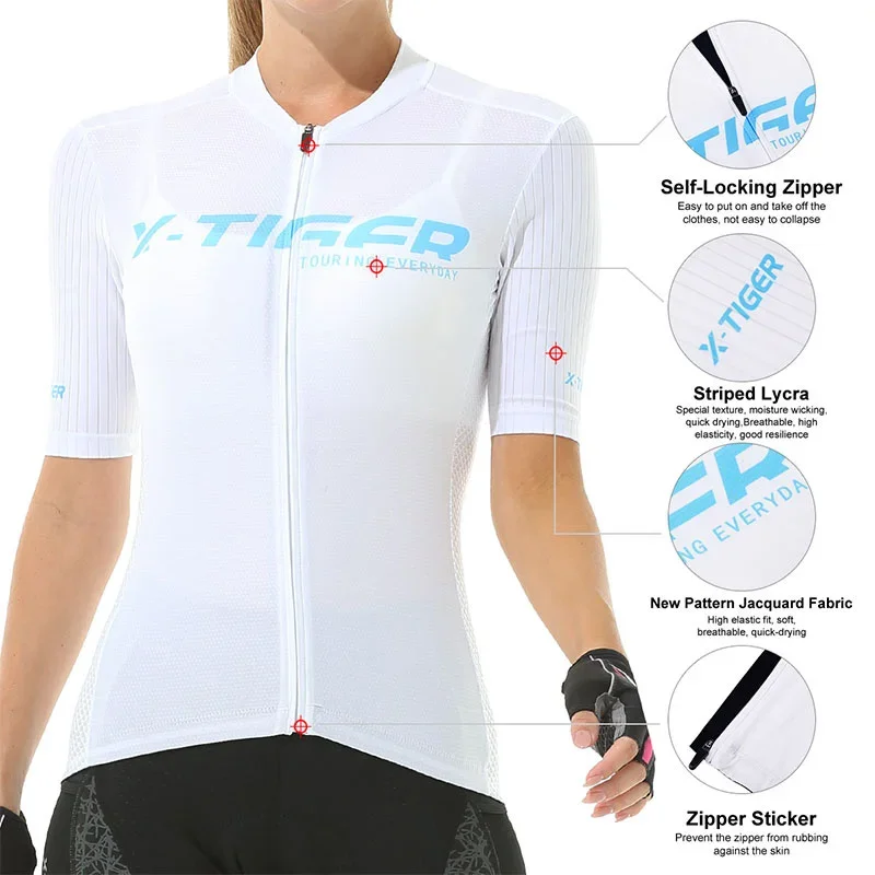 X-TIGER Women Short Sleeves Cycling Jersey Bike Shirt Quick-Dry Breathable Reflective Ladies Biking Tops Bicycle Shirt Gym Wear