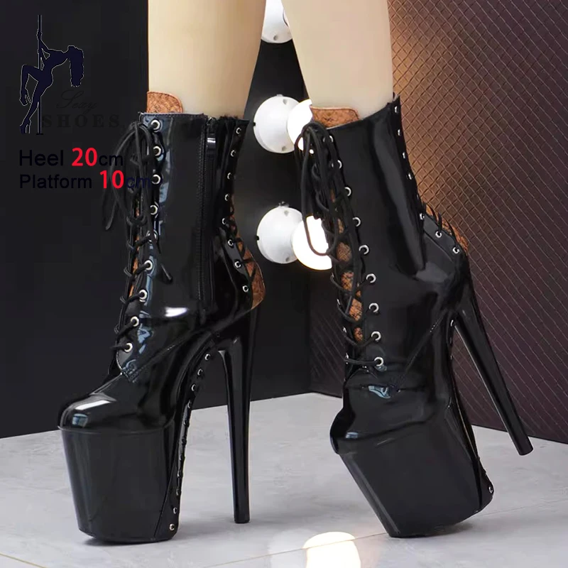 Women Platform Pole Dance Boots Brand Design Hollow Laceup Nightclub Short Boots 20CM Stiletto Exotic Party Shoes Stripper Heels