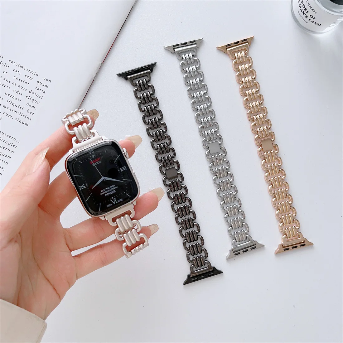 Luxury Ring Chain Loop Alloy Metal Watch Band for Apple Watch 8 7 6 5 4 SE 3 Steel Wrist Strap for iWatch 38 40 42 44 41 45 49mm