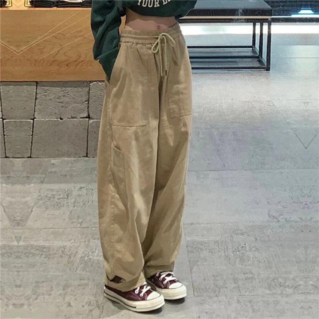 Women Solid Cargo Pants Spring Vintage Hip Hop Loose Drawstring