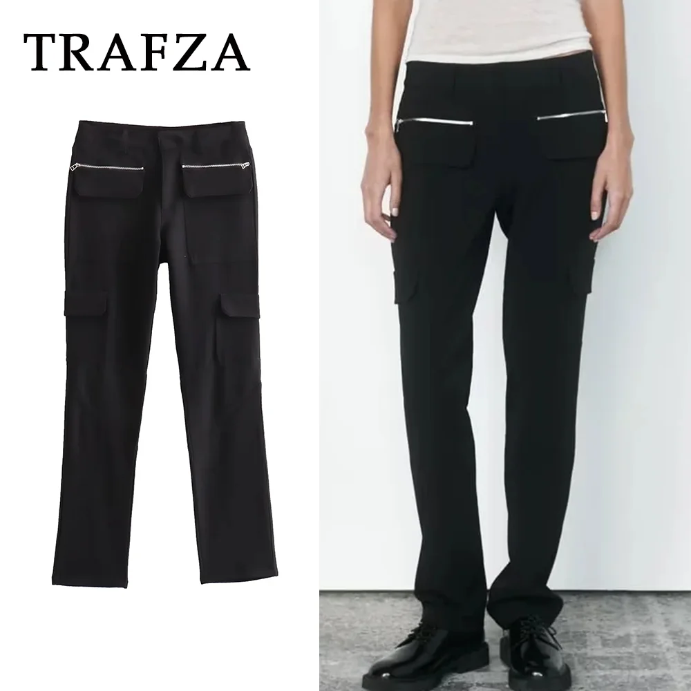 

TRAFZA 2023 Autumn Winter Women Safari Style Fake Zippers Cargo Pants Fashion Casual High Waist Solid Double Pockets Long Pants