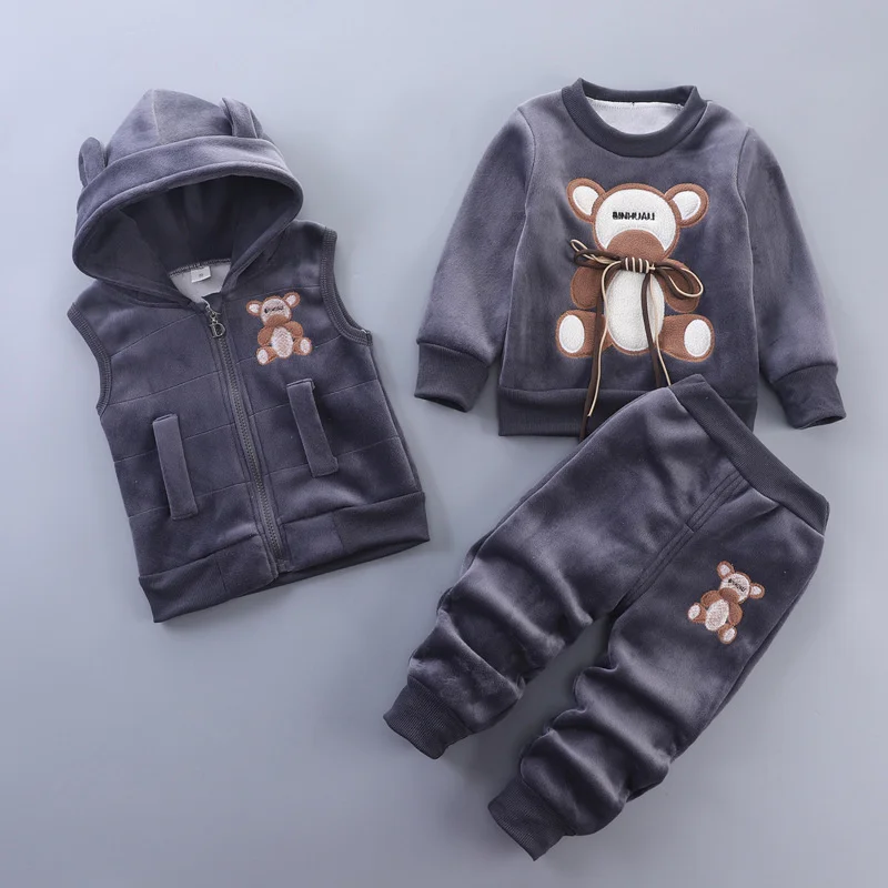 Nieuwe Winter Baby Fleece Kleding Sets Herfst Jongens Meisjes Katoenen Dikke Met Capuchon Trui Cartoon Beer Broek 3 Stuks Kids Pak 0-4y