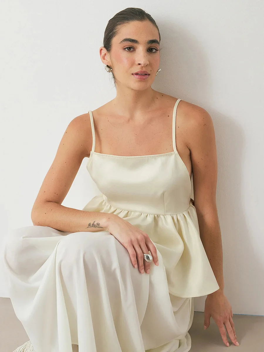 Bornladies 2026 Summer New Women's Satin Cami Top Smooth Satin Sexy Open Back Adjustable Strap Sleeveless Ruffle Peplum Top